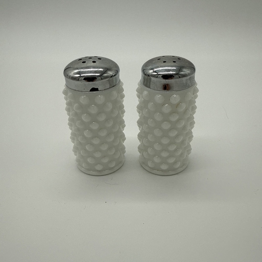 Vtg Fenton White Milk Glass Hobnail 3" Salt & Pepper Shakers Silver Chrome Lids